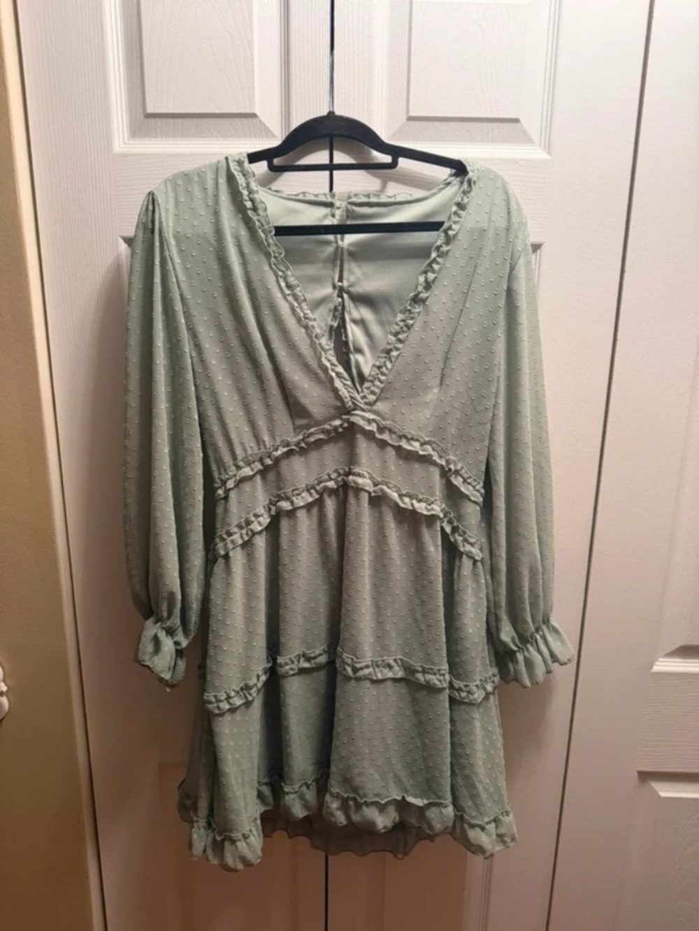 Sage Green Swiss Dot Ruffle Open Back Mini Dress Size XL